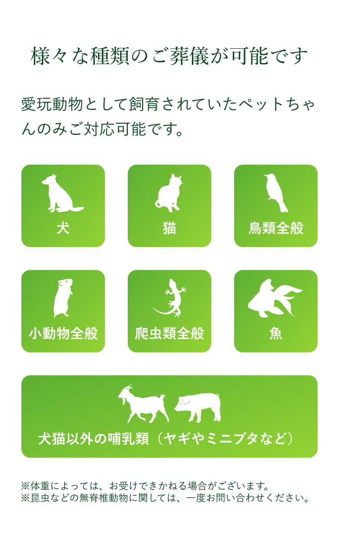 様々な種類のご葬儀が可能です。愛玩動物として飼育されていたペットちゃんのみご対応可能です。